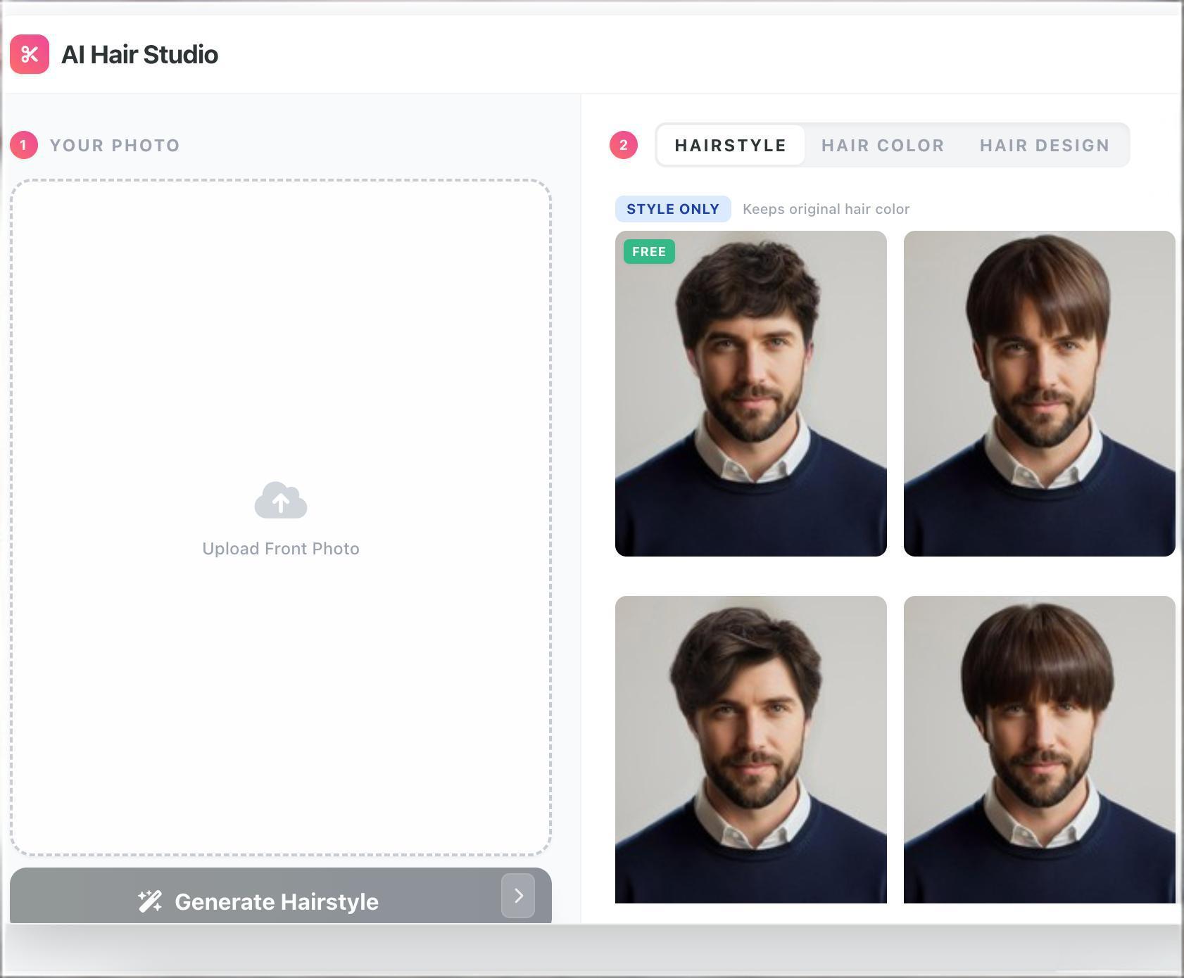 TryHair.ai interface showing hairstyle selection for M-shaped hairline