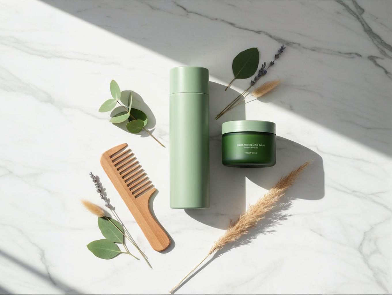 Premium hair care products flat lay - shampoo, hair mask, and comb on marble surface