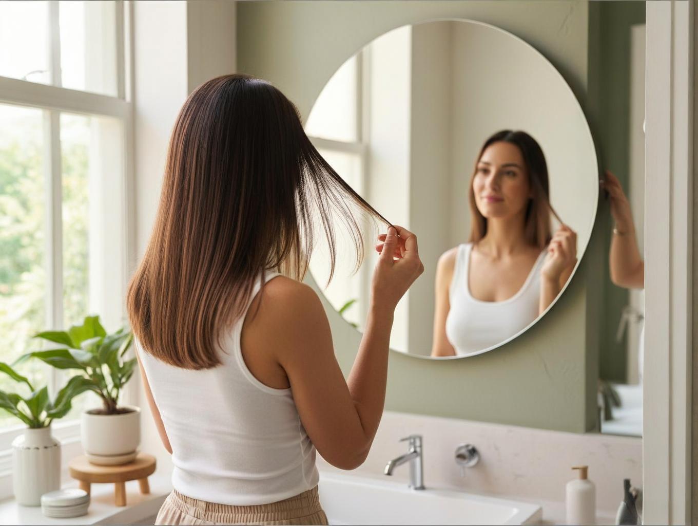 Woman checking hair texture in mirror - healthy hair self-check guide