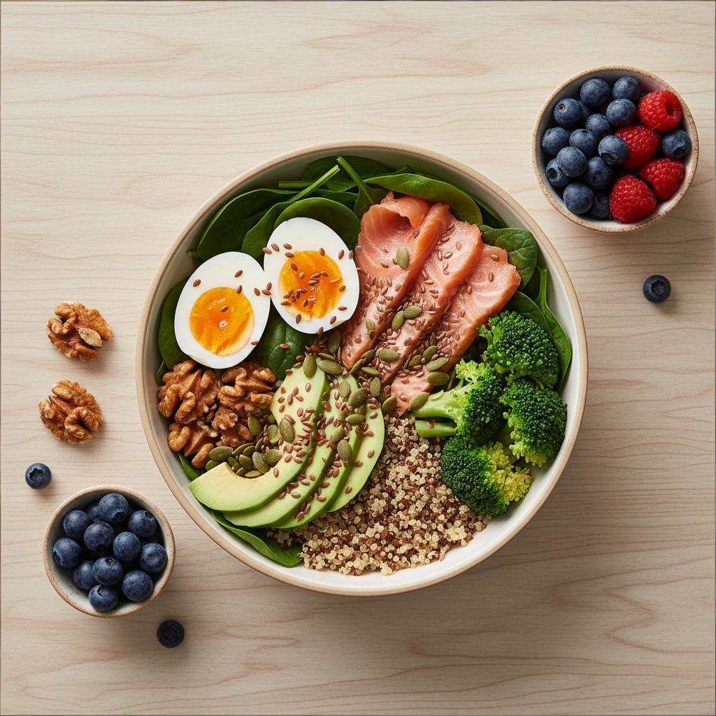 Healthy Buddha Bowl with salmon eggs spinach walnuts - diet for hair growth
