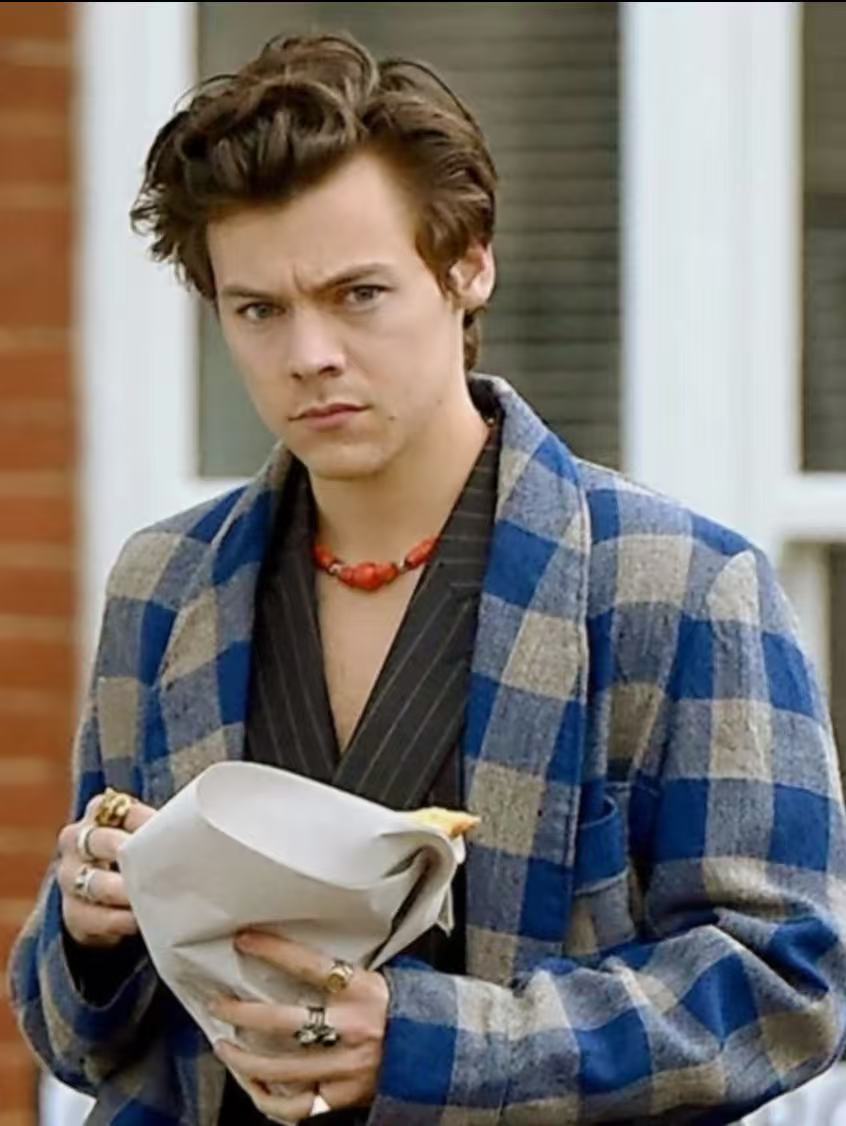 Harry Styles tousled quiff hairstyle with plaid coat