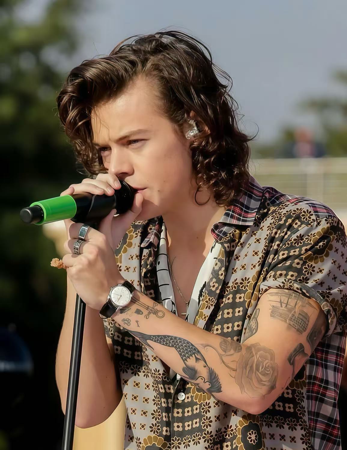 Harry Styles long curly hairstyle with tattoos