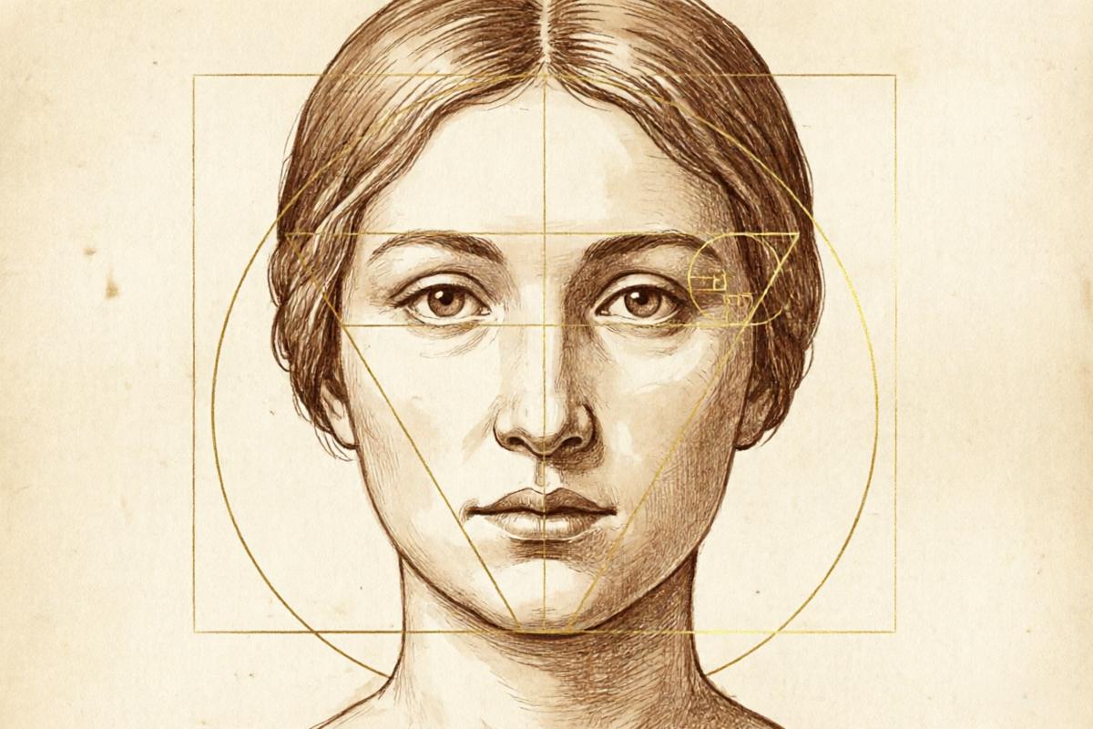 Facial proportion diagram showing golden ratio in hairstyle styling