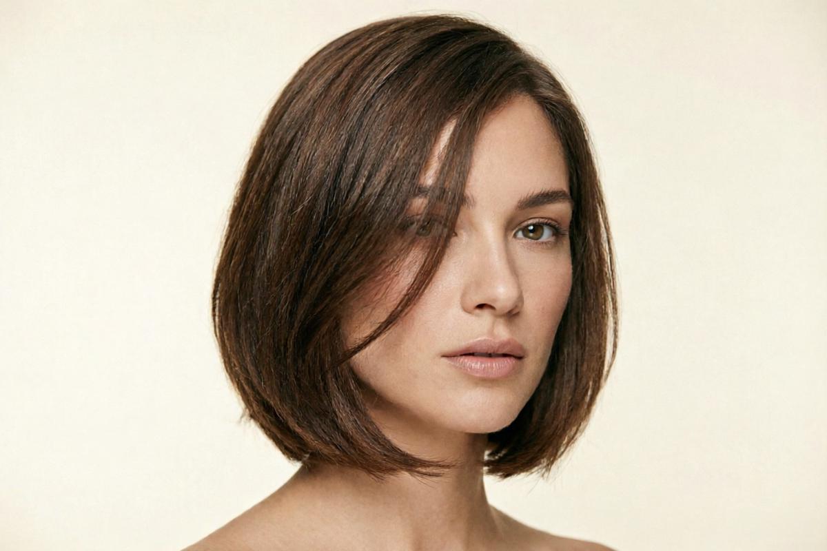 Chin-length bob hairstyle for heart-shaped face with face-framing layers