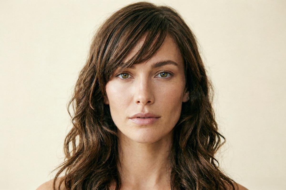 Side-swept bangs hairstyle for heart-shaped face showing diagonal forehead coverage
