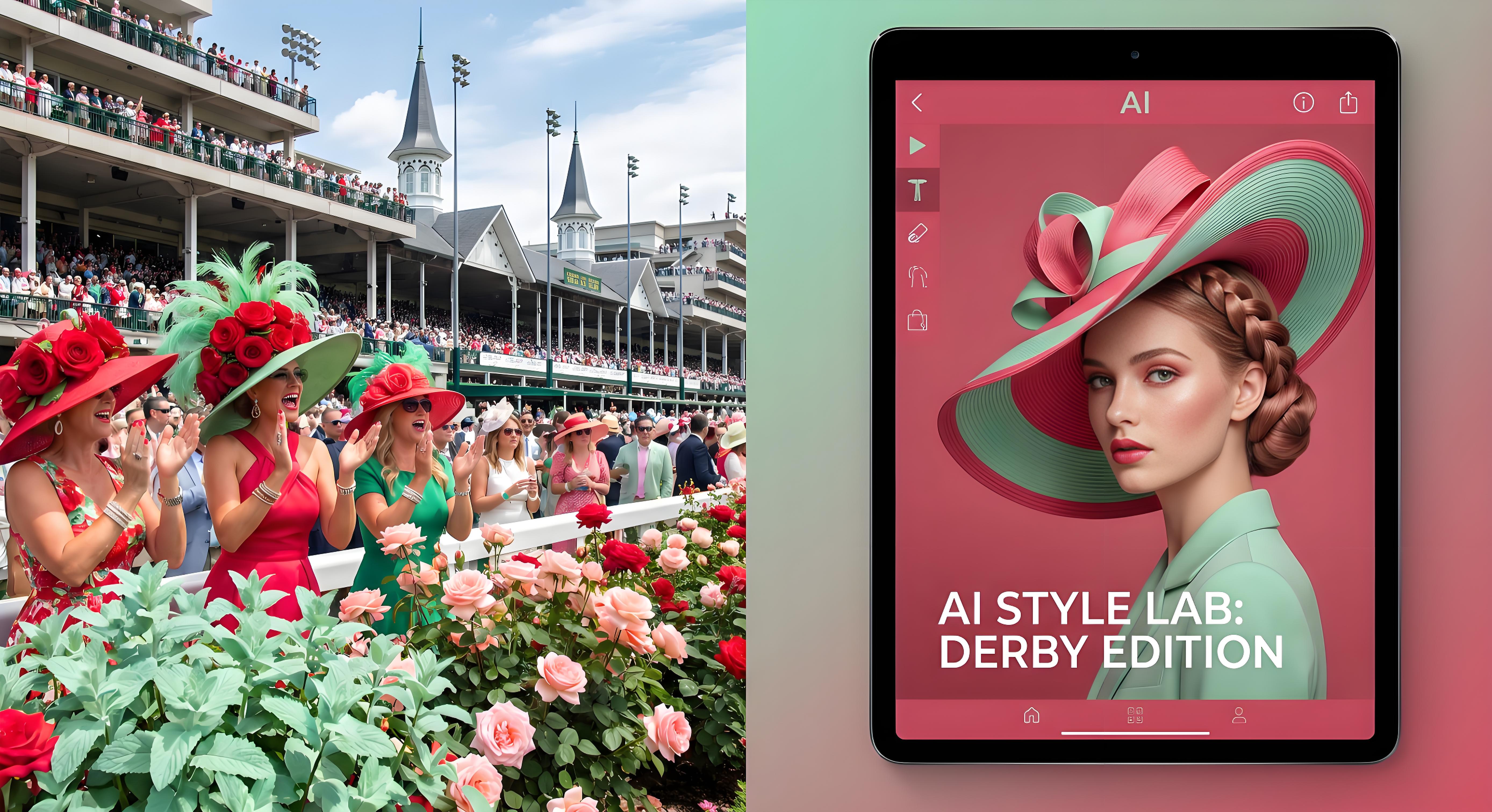 Kentucky Derby 2026 fashion at Churchill Downs featuring elaborate hats and stylish attendees in rose red and mint green attire