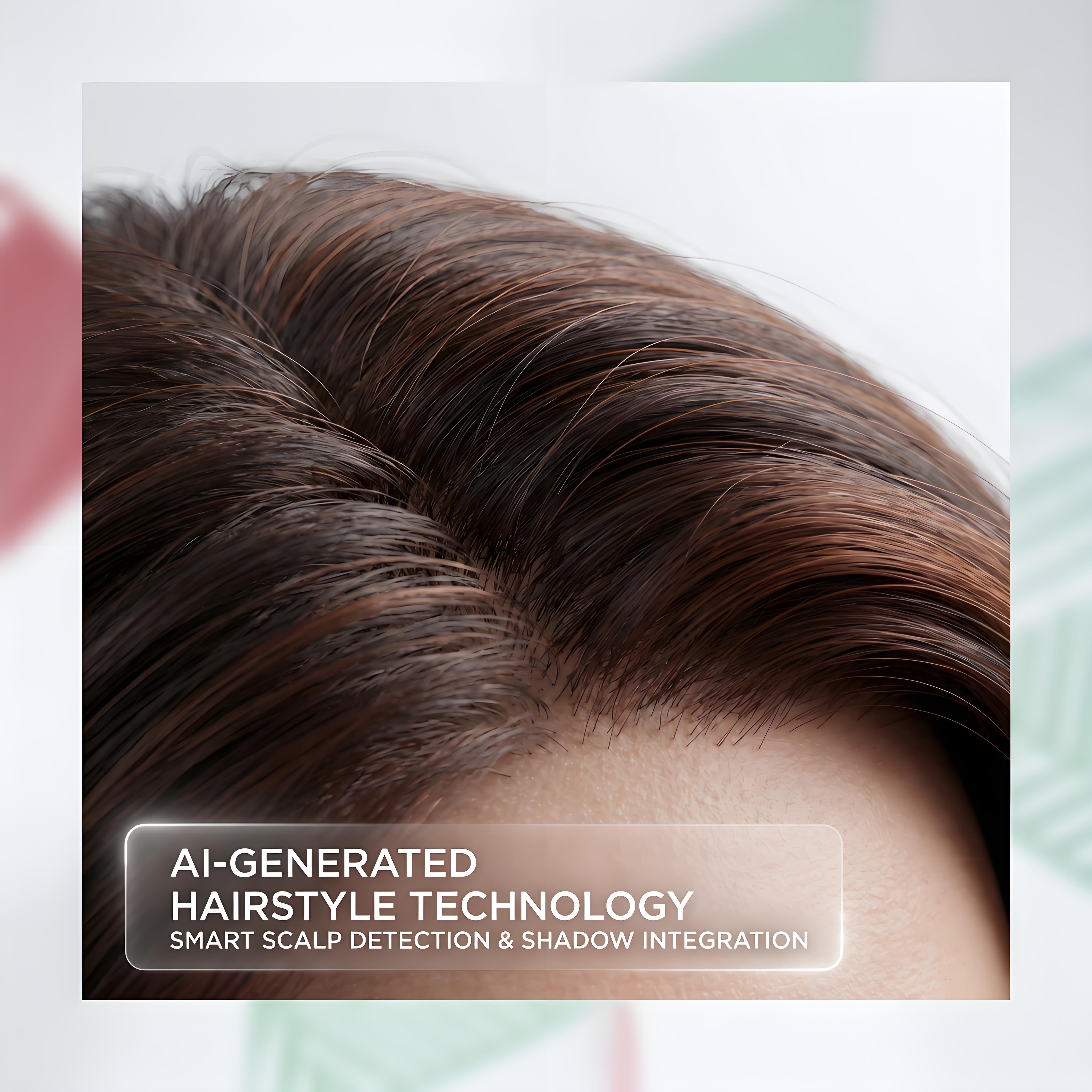 TryHair.ai hair rendering technology showing realistic scalp detection and natural shadow integration for photorealistic hairstyle visualization