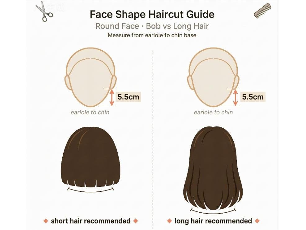 Lange Haare vs. kurzer Bob bei rundem Gesicht - Diagramm der 5,5-cm-Messregel