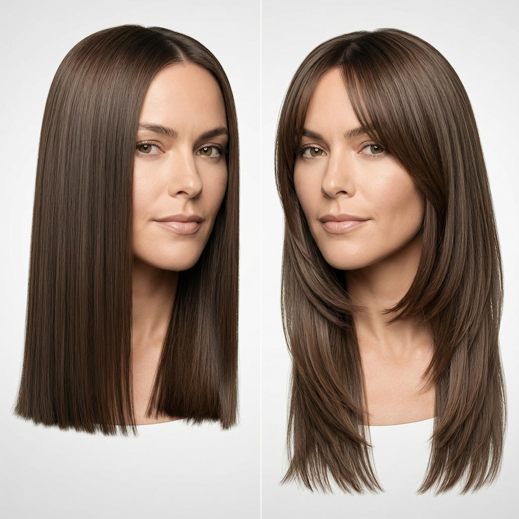 Platte lange Haare vs. gesichtsumrahmende, gestufte lange Haare - schlankmachender Effekt