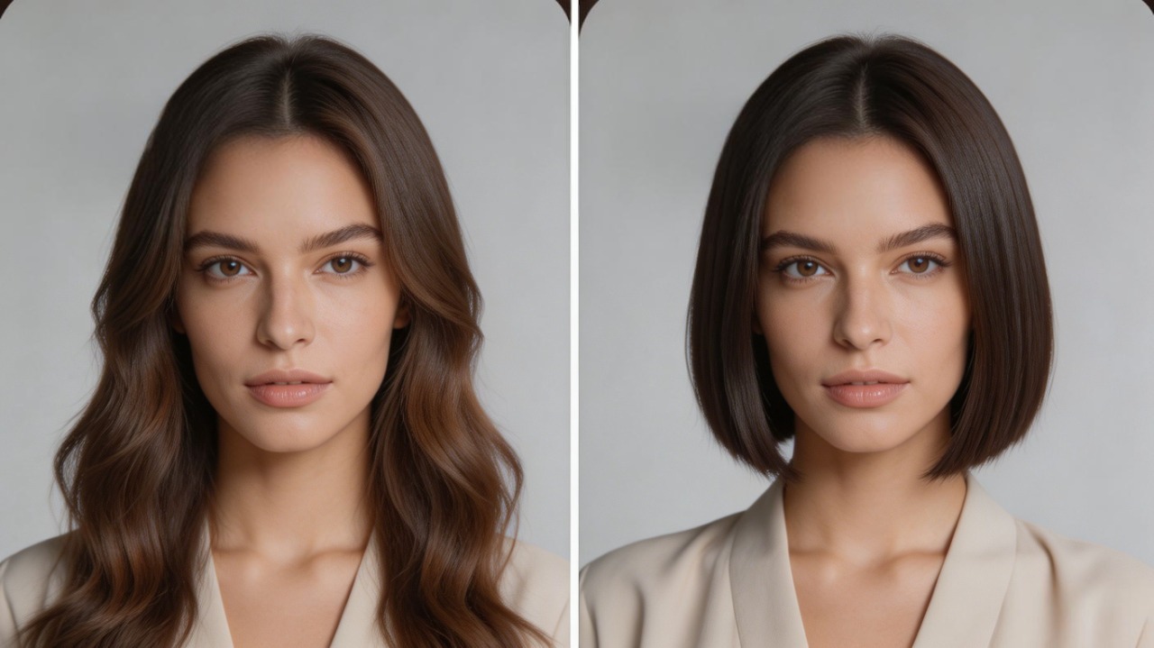 TryHair.ai - Geteilter Bildschirm der KI-Frisuren-Anprobe: lang vs. kurzer Bob