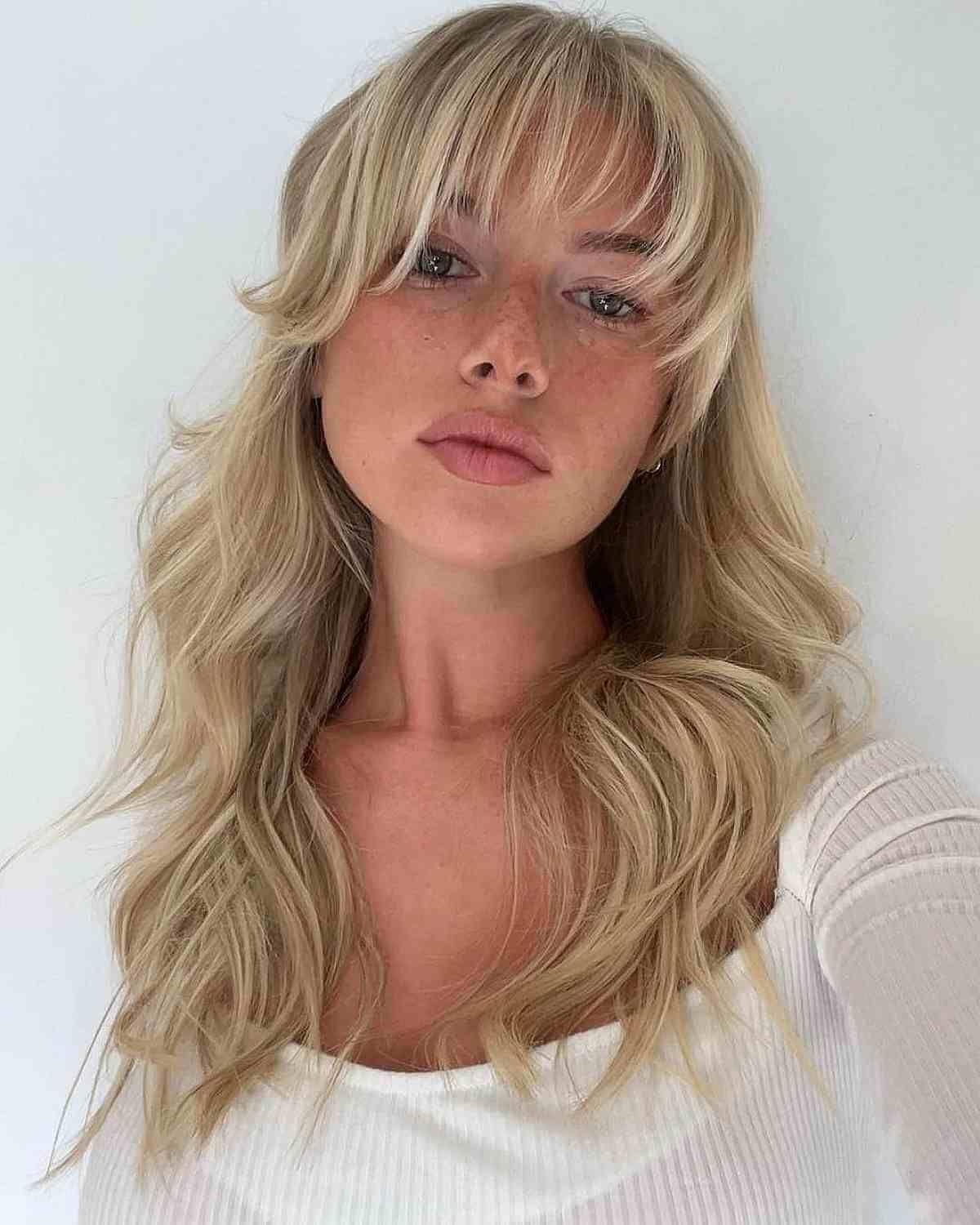 Long layered waves with soft face-framing bangs