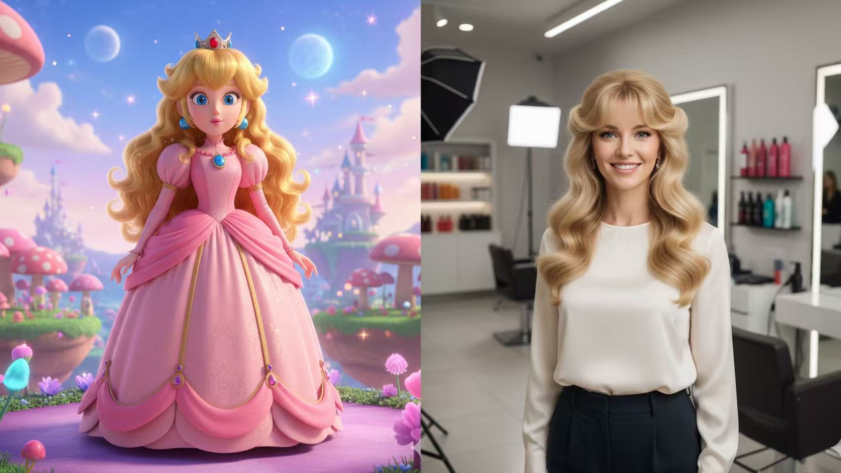 Comparison of Princess Peach movie hair and real life recreation