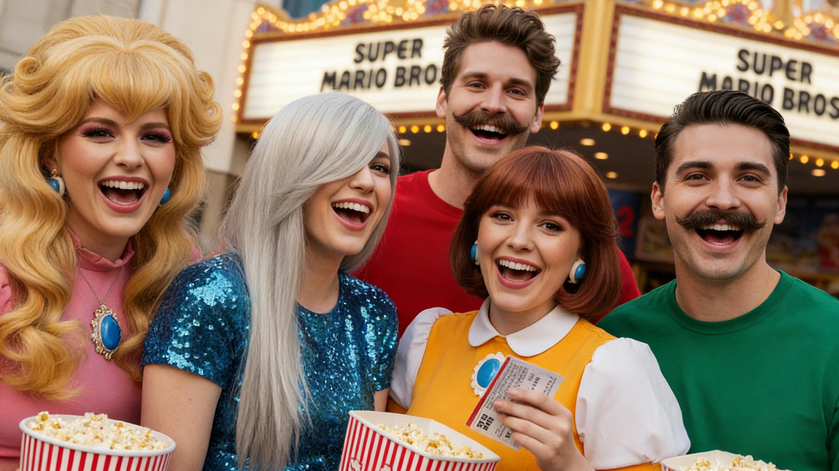 Group of friends with Mario inspired hairstyles at cinema