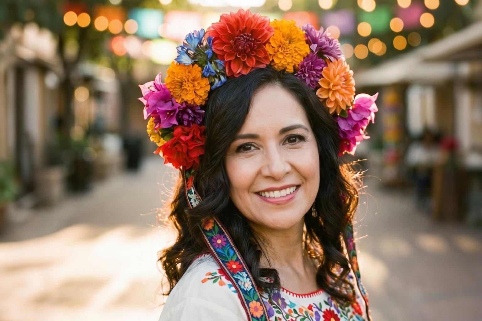 Woman with colorful floral headpiece in sunny celebration setting