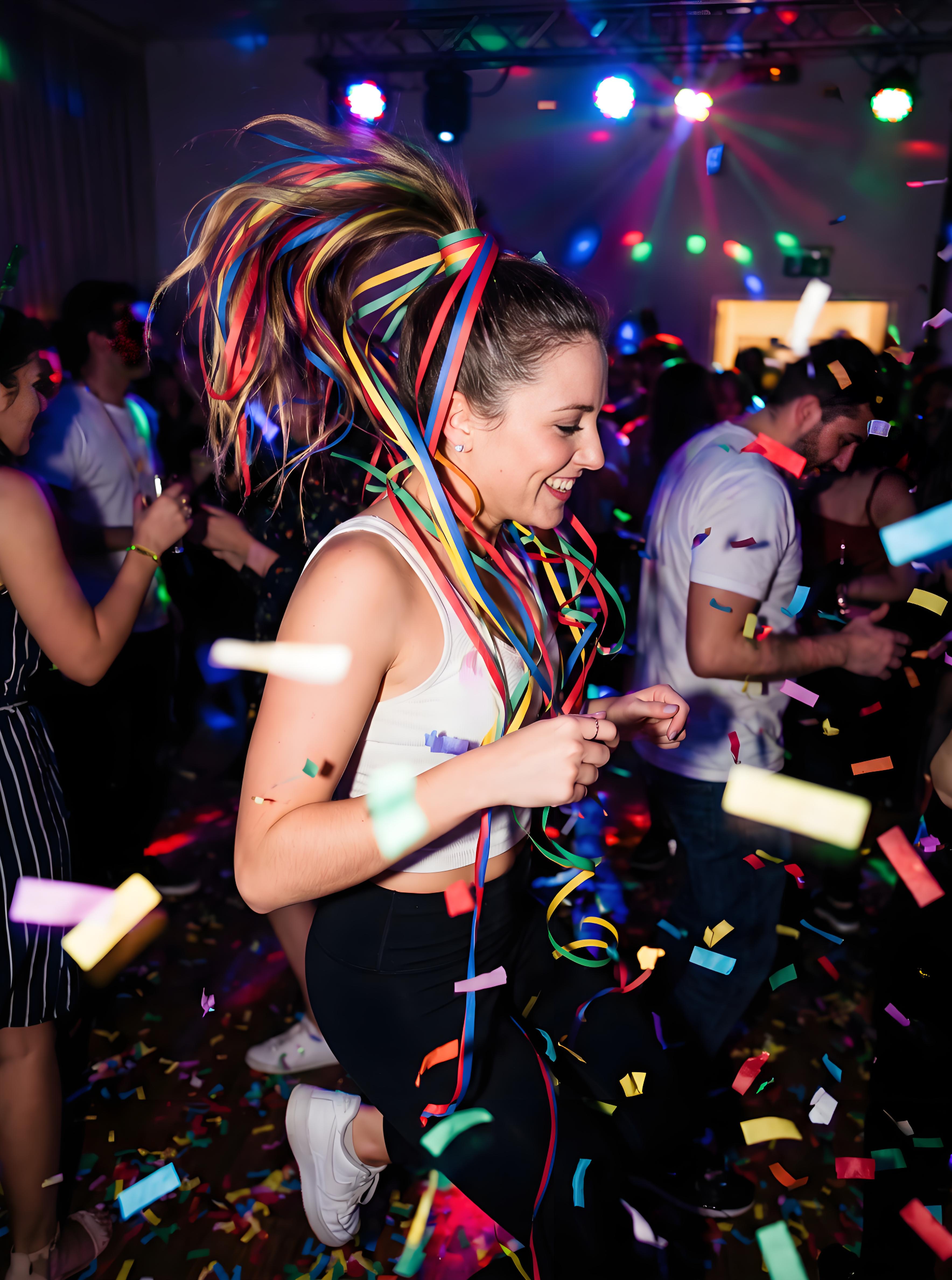 Color-Pop Ponytails hairstyle with vibrant ribbons for energetic party look