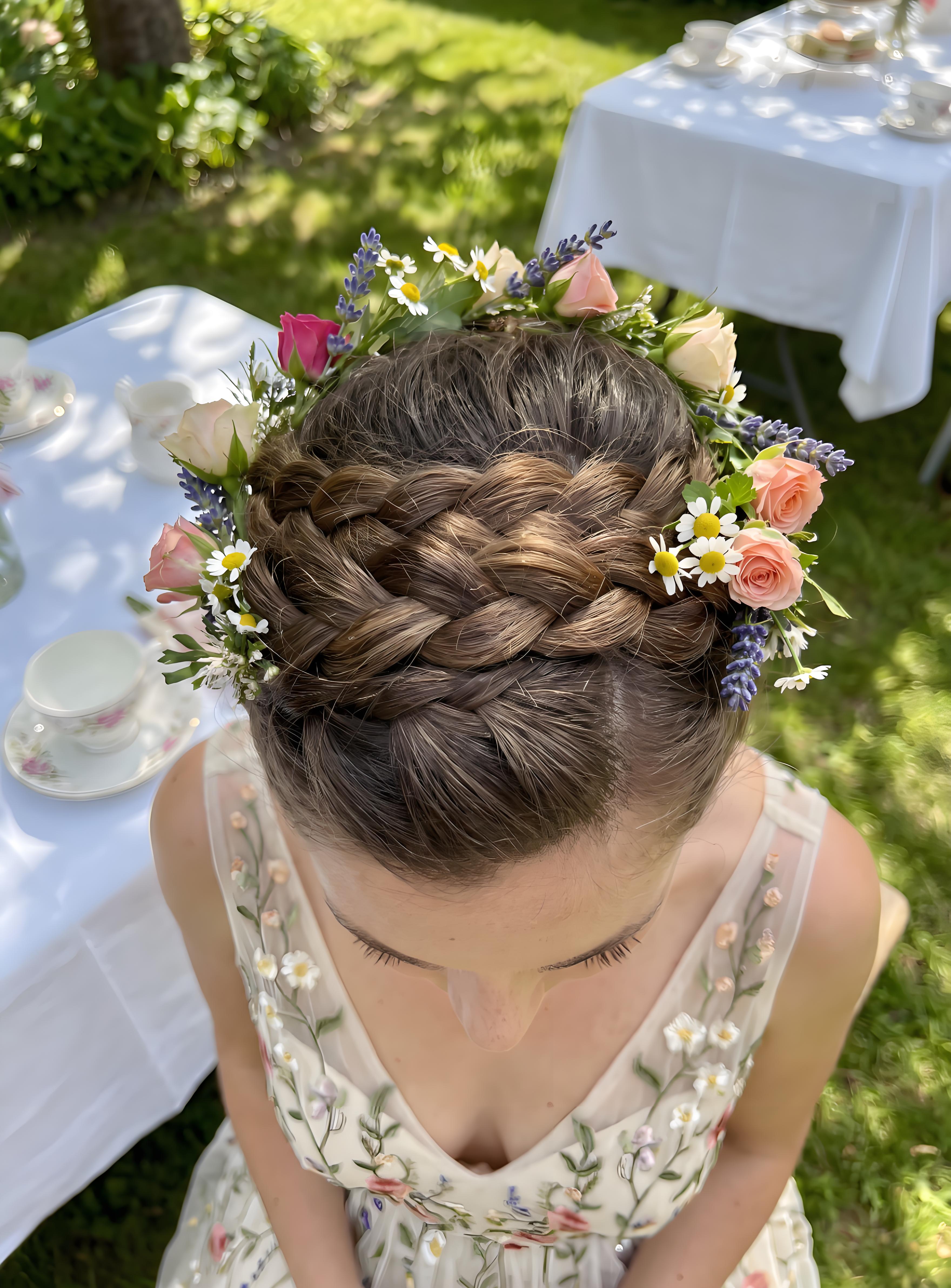 Floral Crown Dutch Braid hairstyle with natural flowers as crown for regal celebration