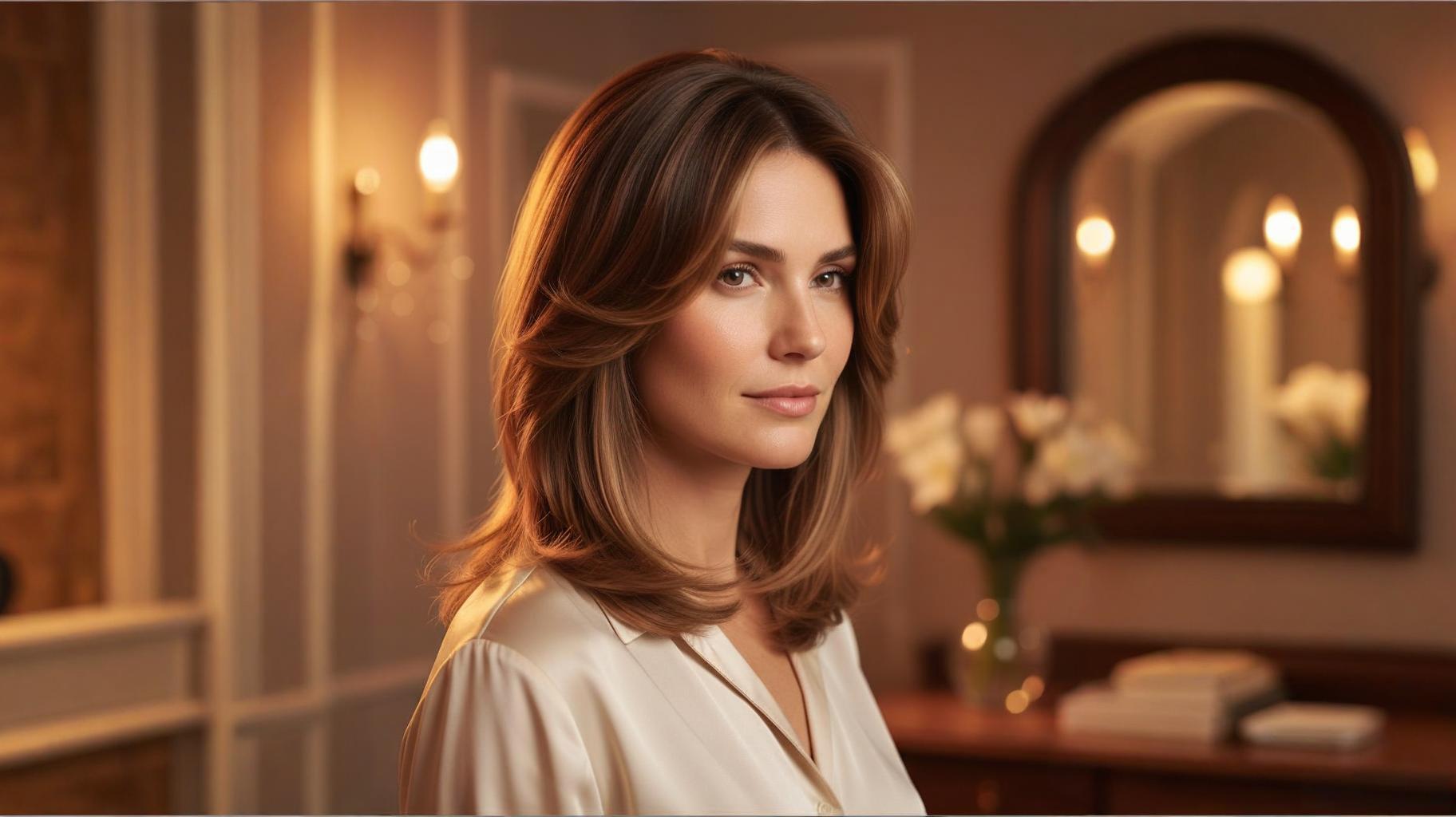 Mira Hairstyle showcasing layered cut in natural golden hour light with satin finish