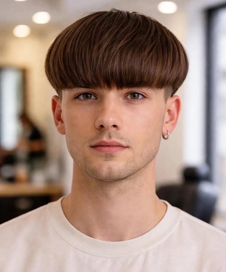 Modern bowl cut with rounded fringe and soft volume
