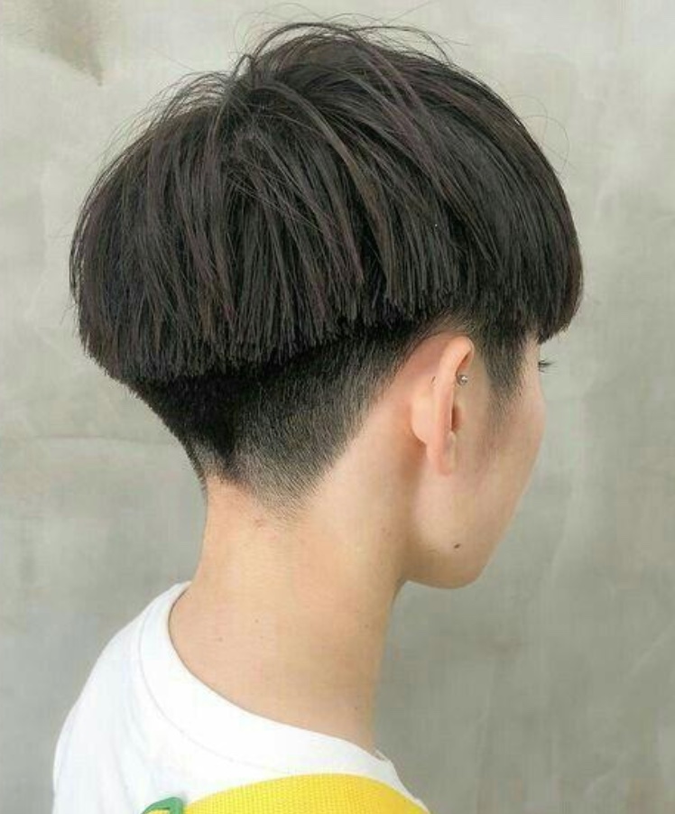 Modern bowl cut with undercut sides and rounded back view