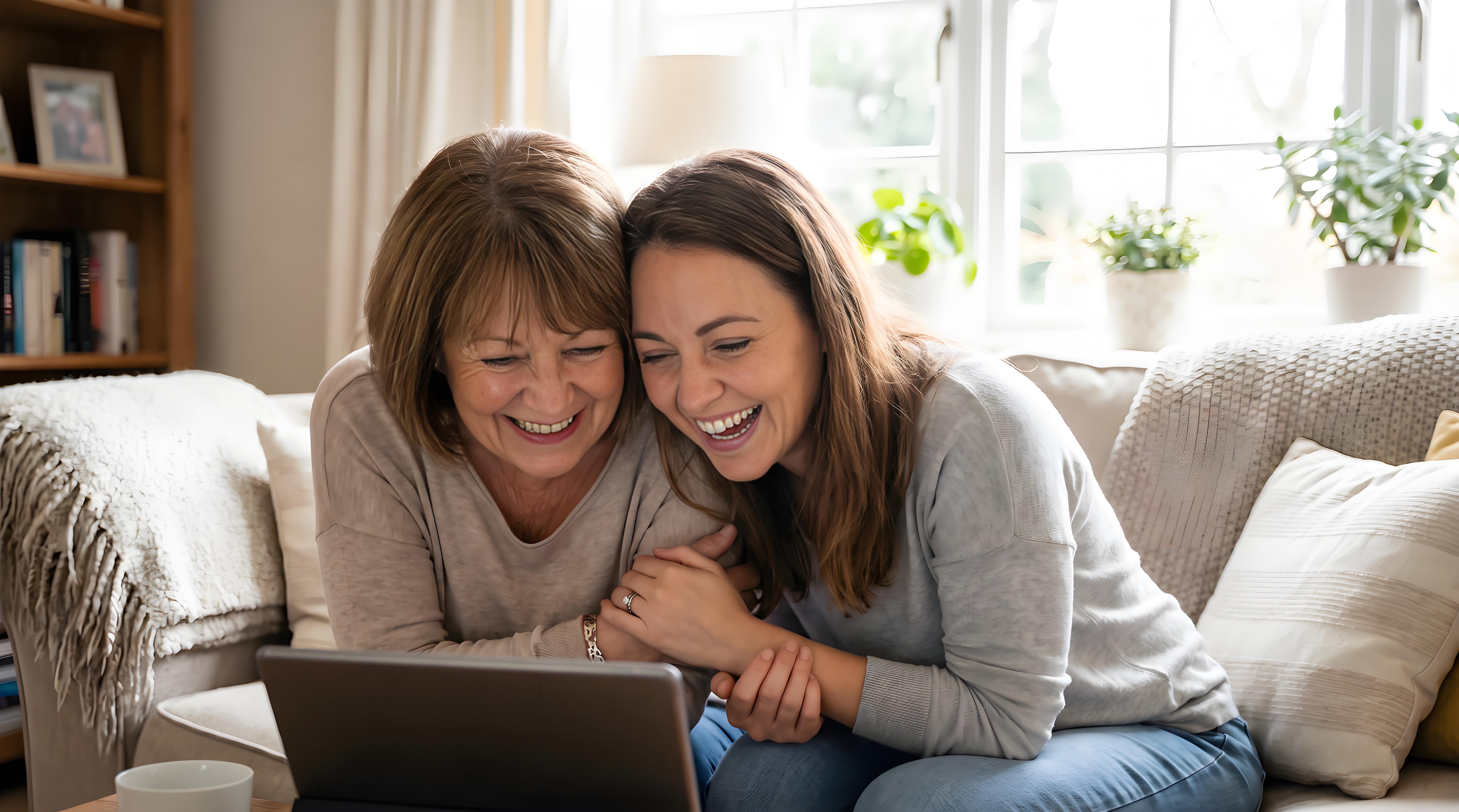 Mother and daughter using TryHair.ai together, smiling at the screen