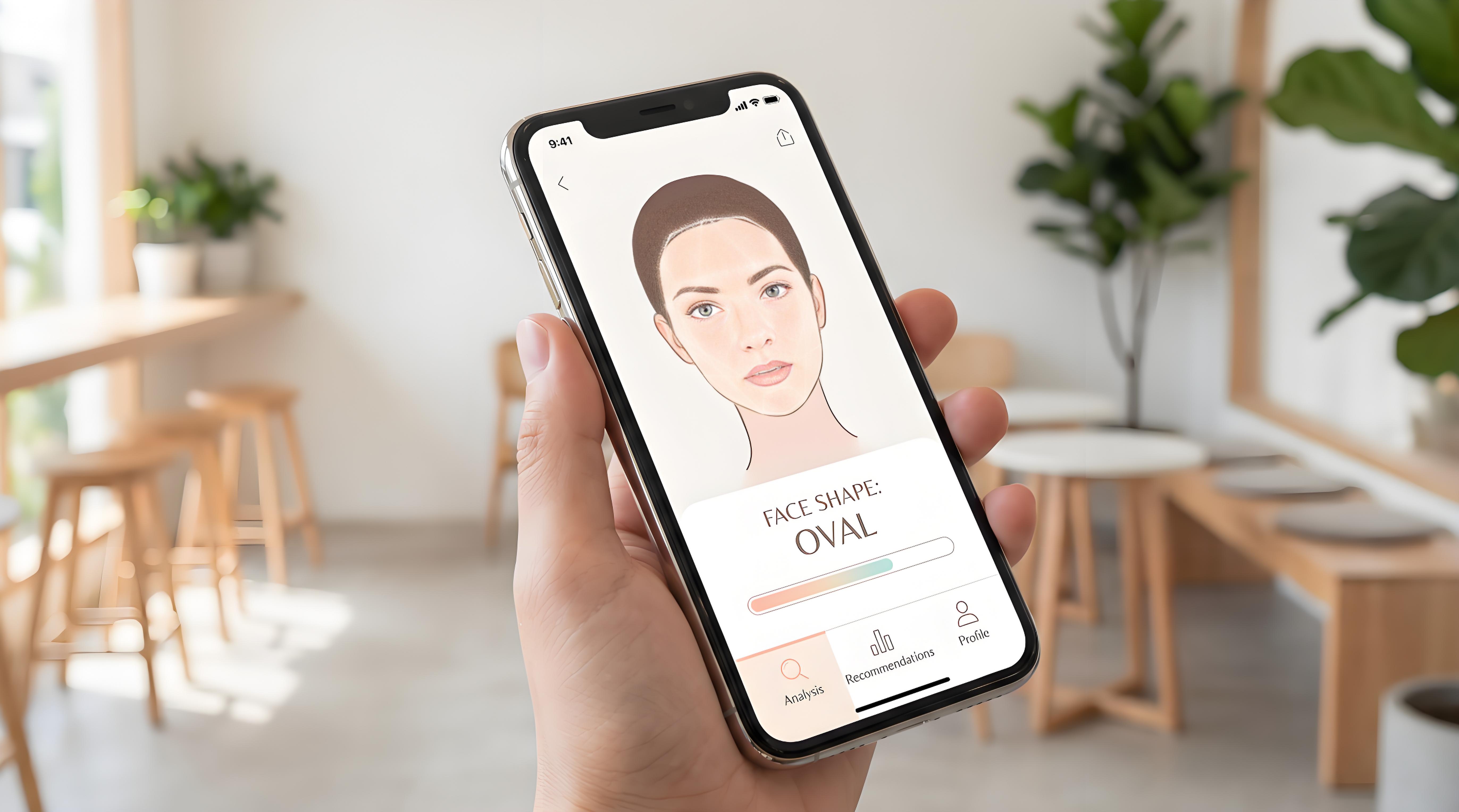 TryHair.ai app interface showing face shape analysis and AI hairstyle preview