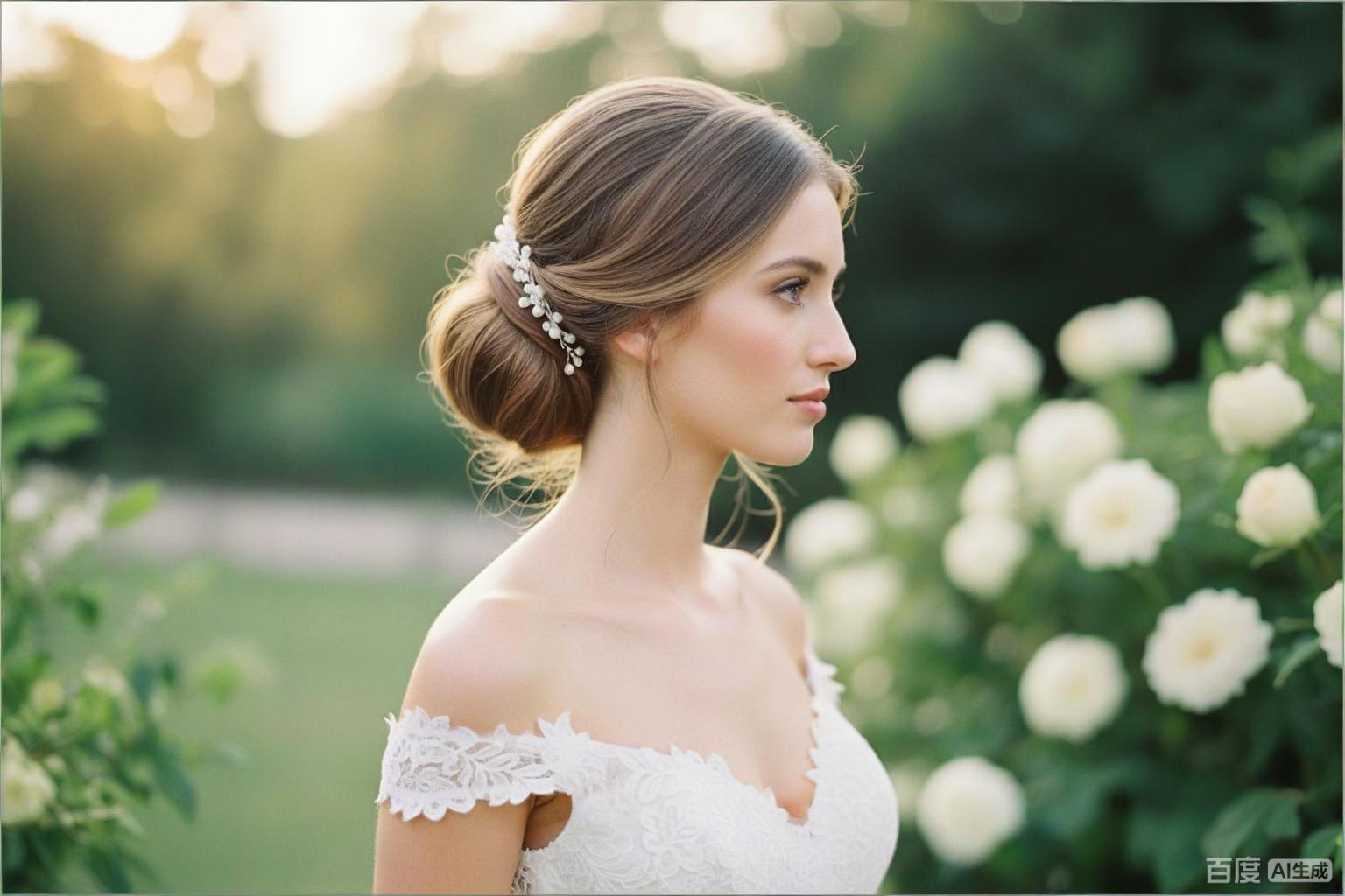 Low wide chignon bridal updo for oblong face shape