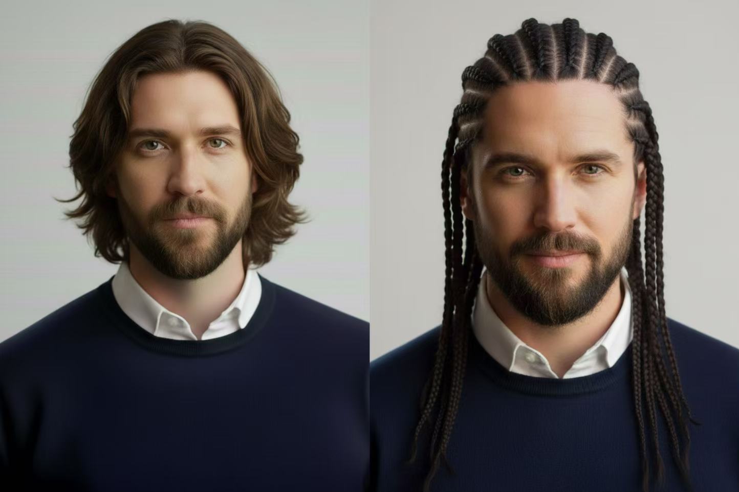 AI Hair Studio interface neural network rendering hairstyles on oblong face