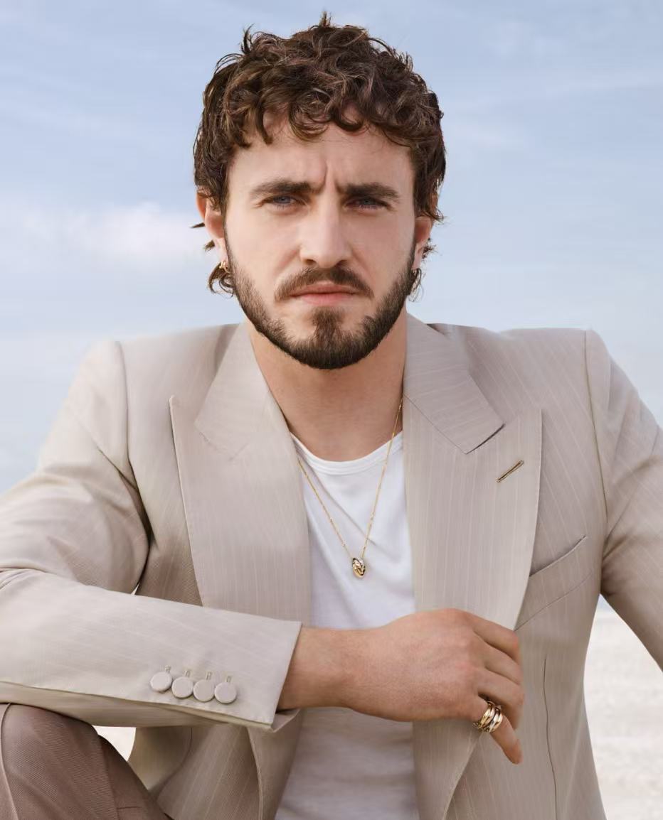 Paul Mescal curly hairstyle with full beard and suit