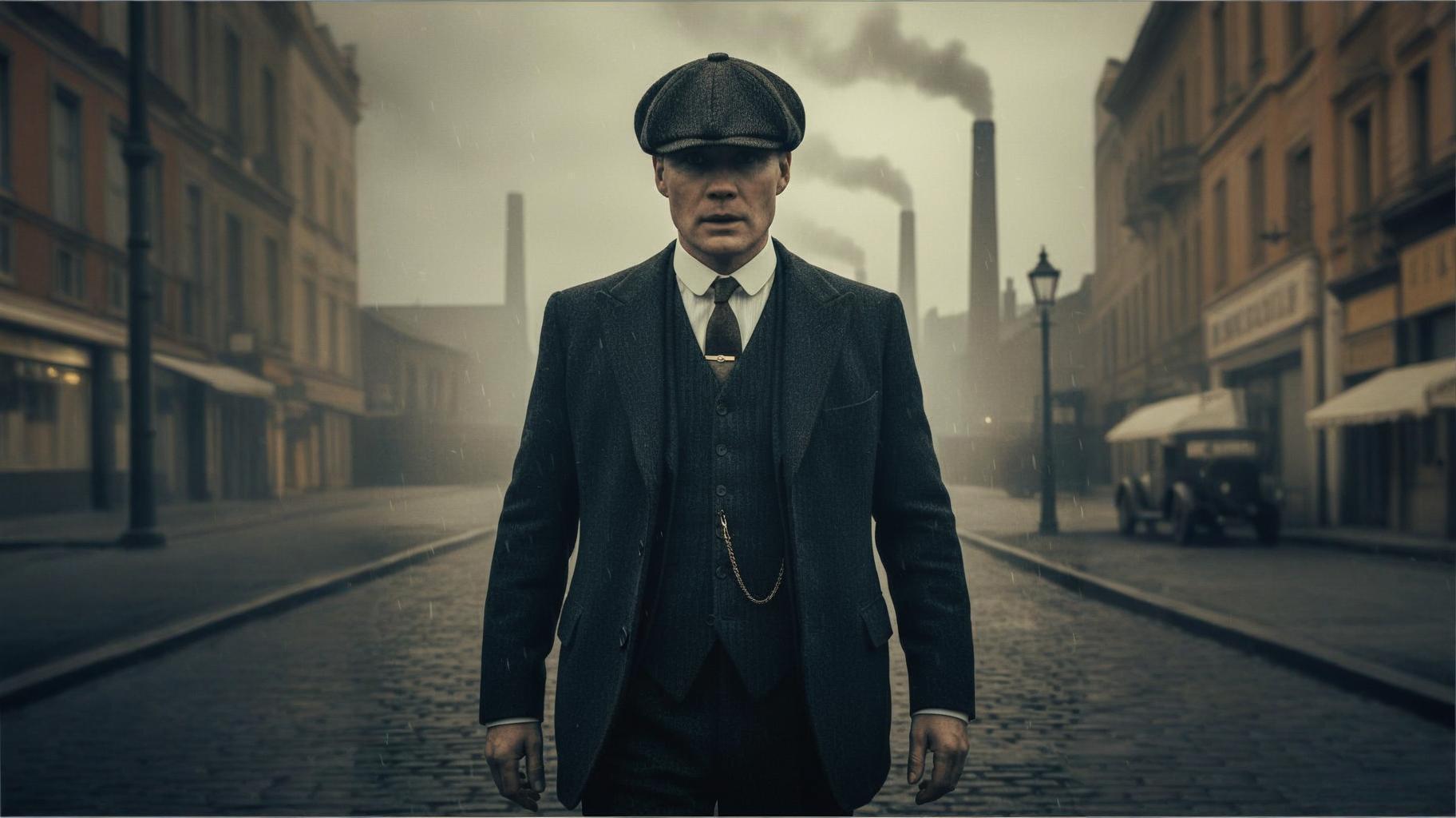 Man adjusting vintage suit in dark moody lighting