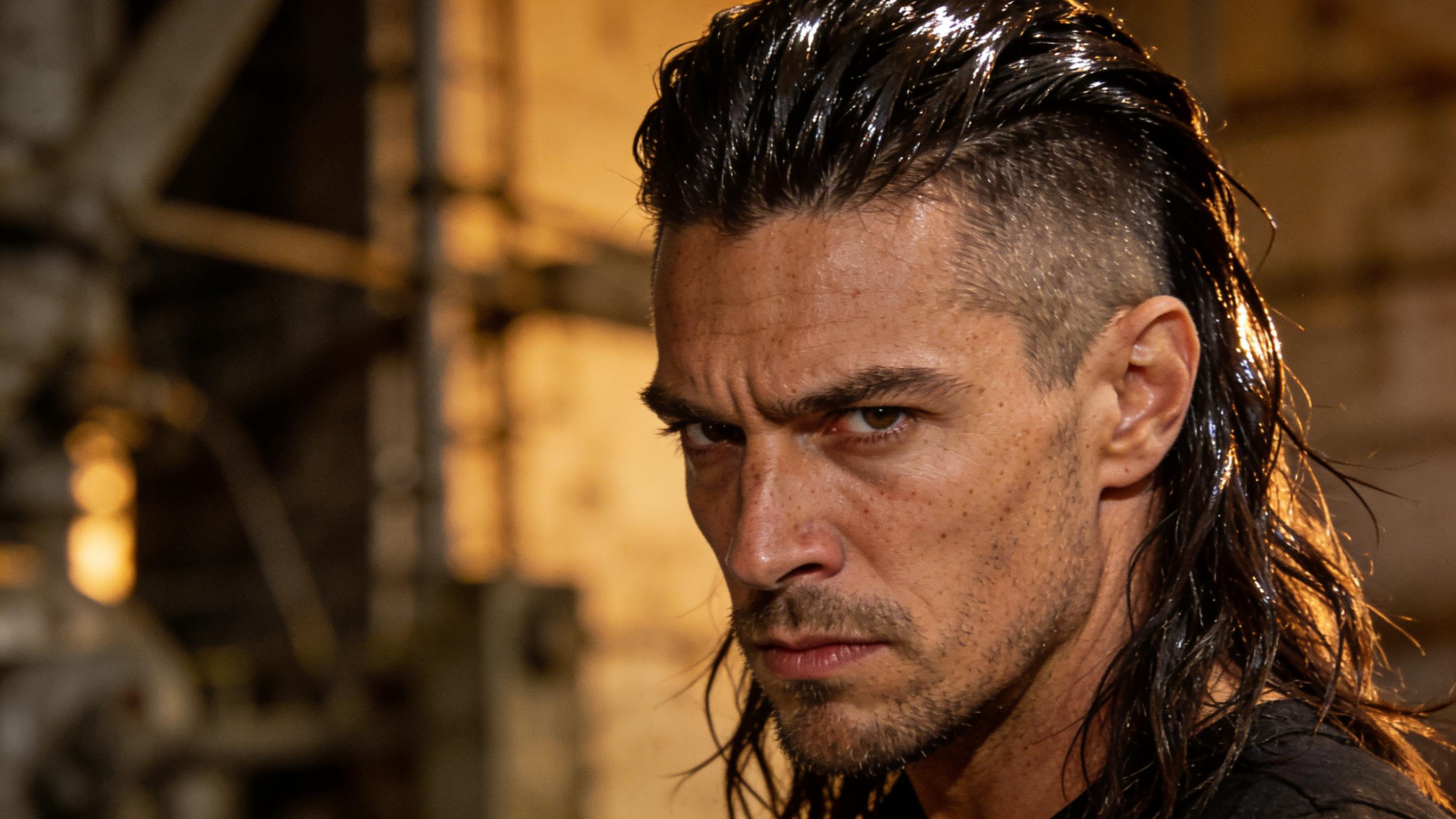 Man with slicked back hairstyle and strong jawline