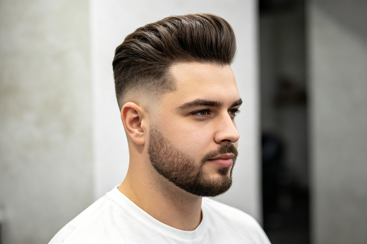 Stylish Pompadour Fade on Round Face