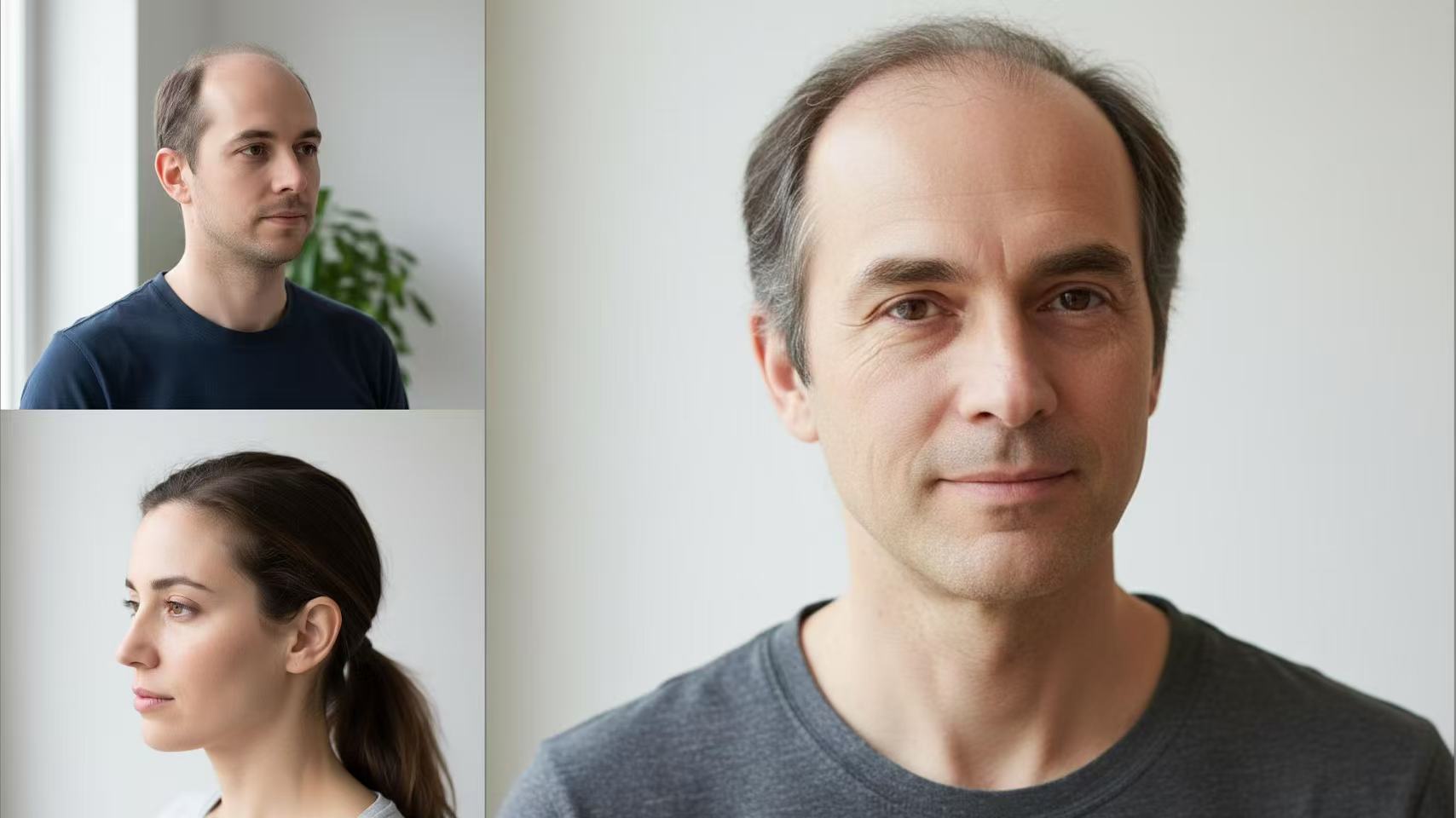 Comparison of three hair loss patterns: M-shaped recession for androgenetic alopecia, patchy hairline for traction alopecia, and diffuse thinning for stress-related hair loss