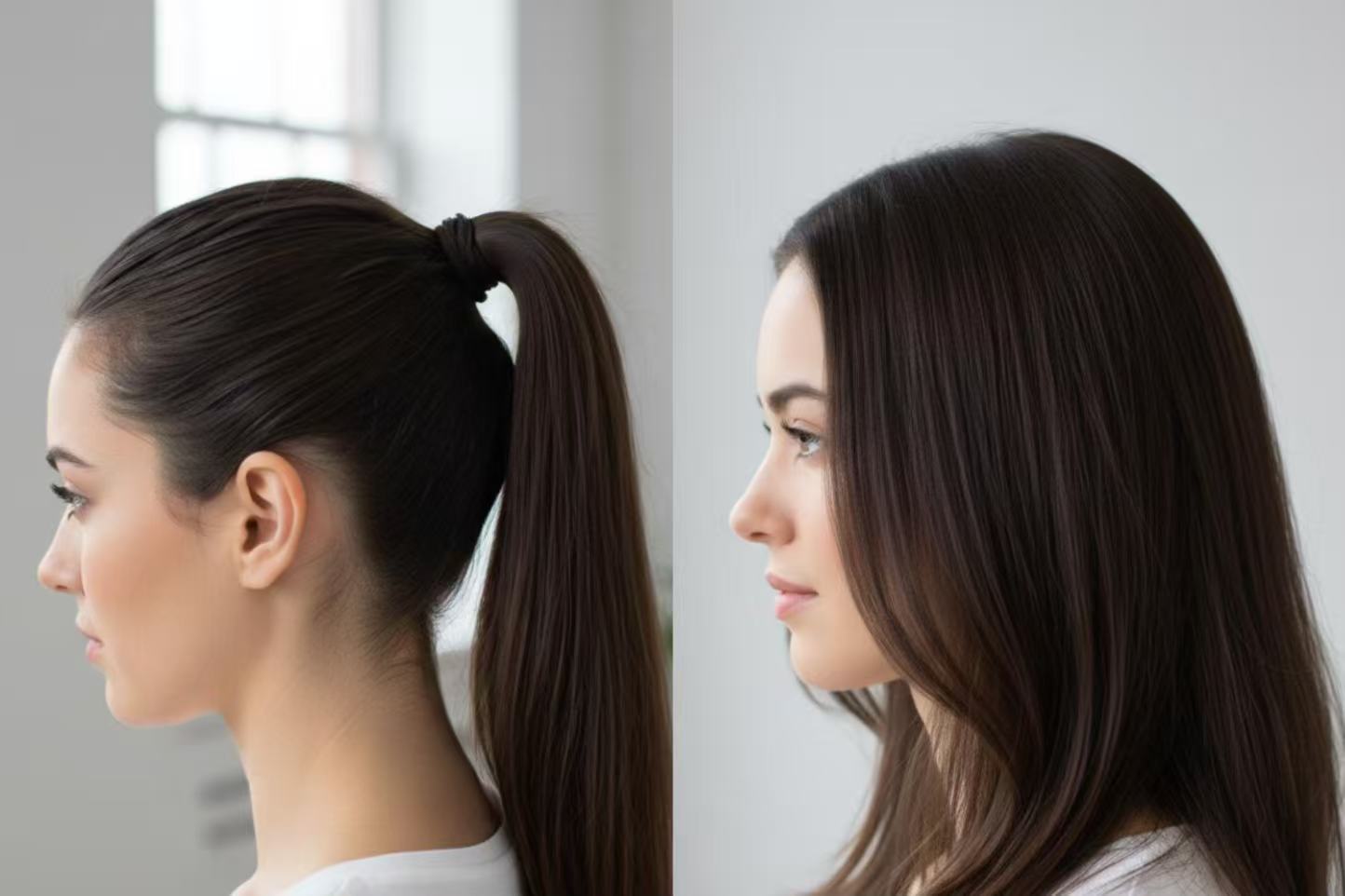 Comparison: Tight ponytail causing hairline tension vs. relaxed natural styling protecting hair