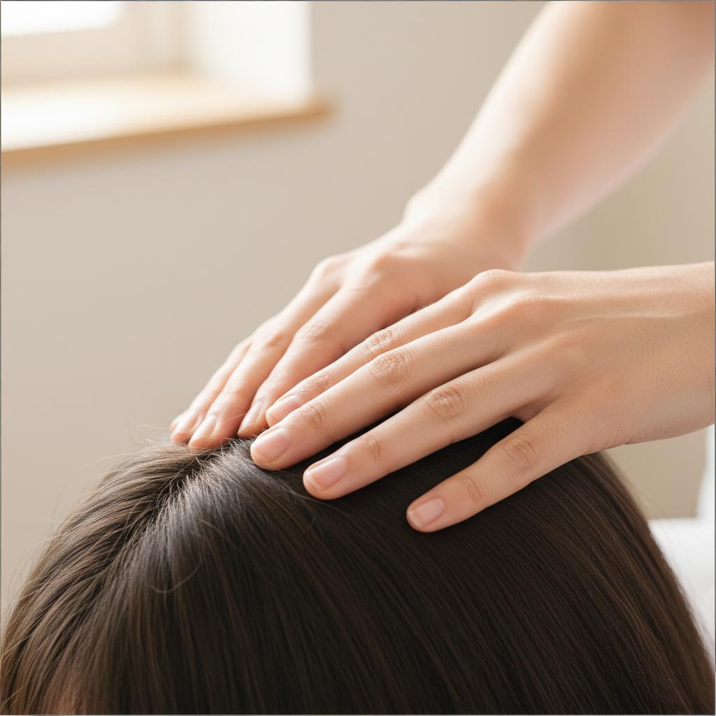 Proper scalp massage technique using finger pads in circular motions, not nails