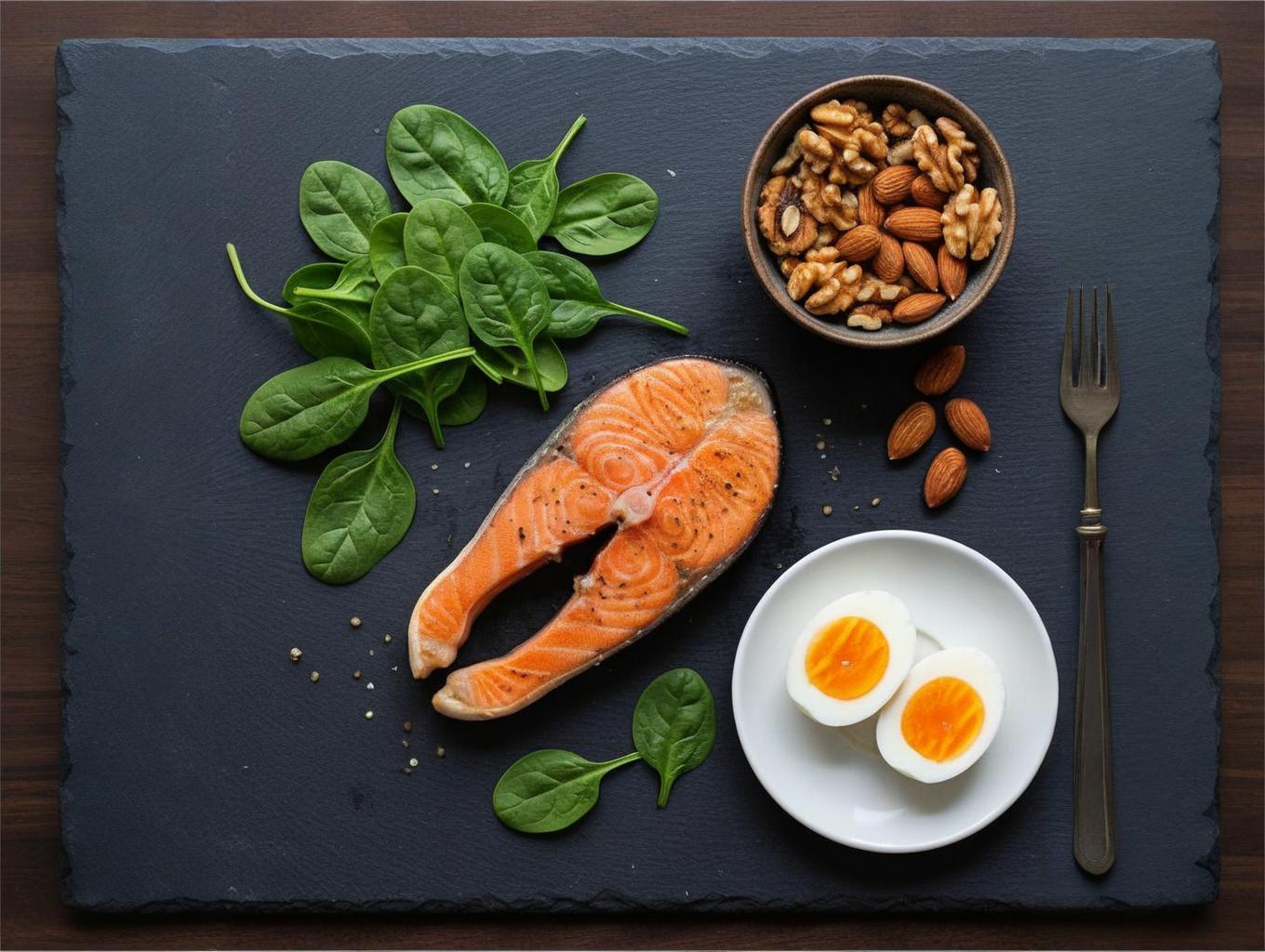Hair-healthy foods: salmon rich in Omega-3, spinach for iron, nuts for vitamin E and zinc, and eggs for protein