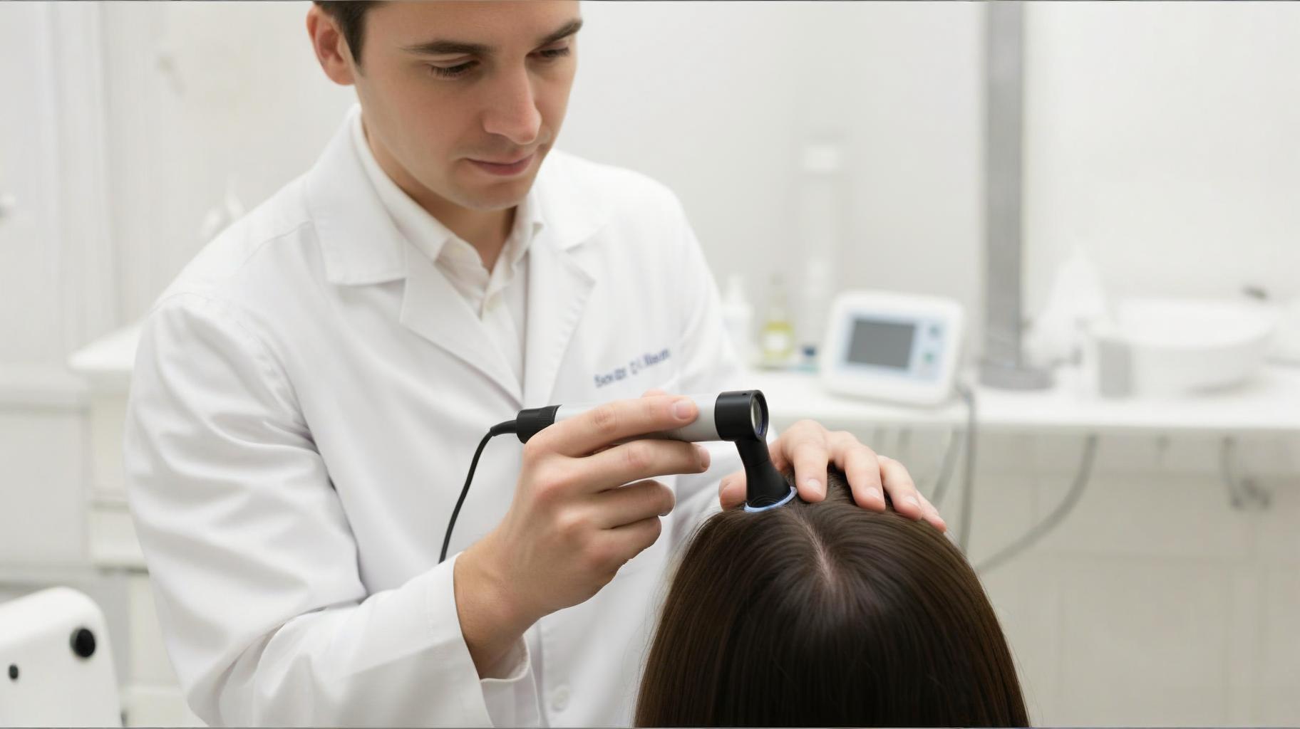 Dermatologist performing a professional scalp examination using a dermoscope to check follicle health