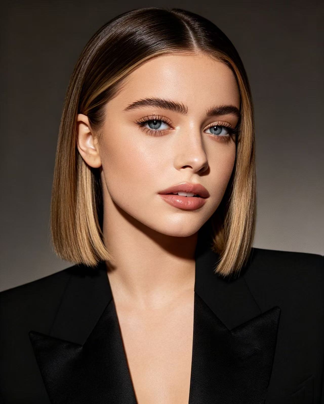 Sabrina Carpenter sleek chin-length bob hairstyle with center part