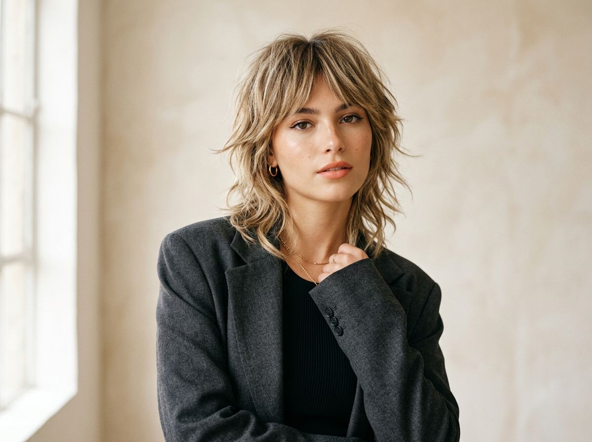 Model with shaggy wolf cut hairstyle