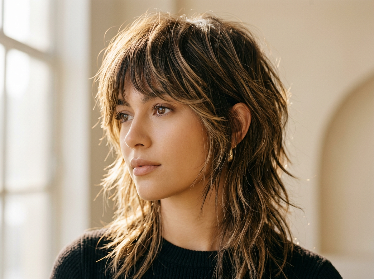 Close-up of textured layers in a shaggy wolf cut