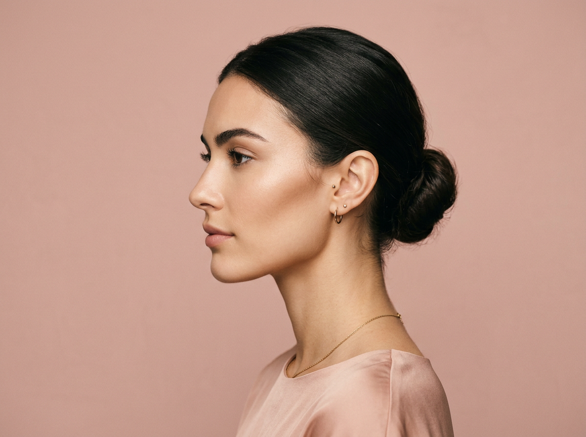 Side profile illustrating facial structure and jawline definition