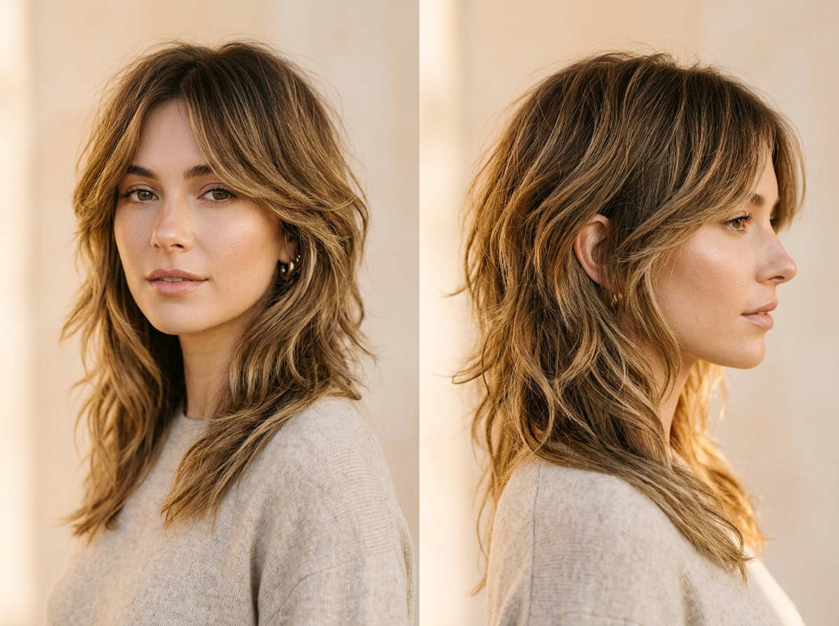 Dual angle showing how wolf cut layers frame the face
