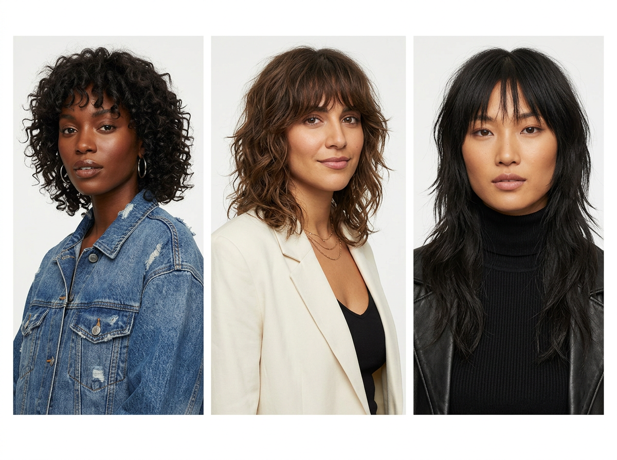 Three variations of the shaggy wolf cut on diverse models