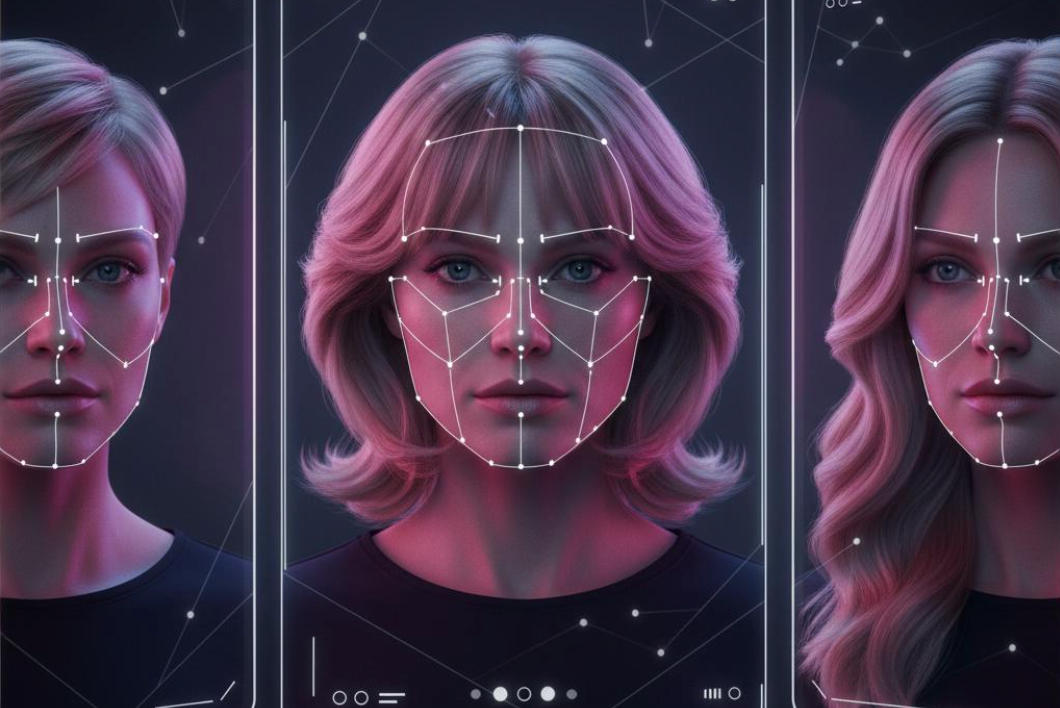 AI face shape detector analyzing facial features with virtual hairstyle try-on simulation interface