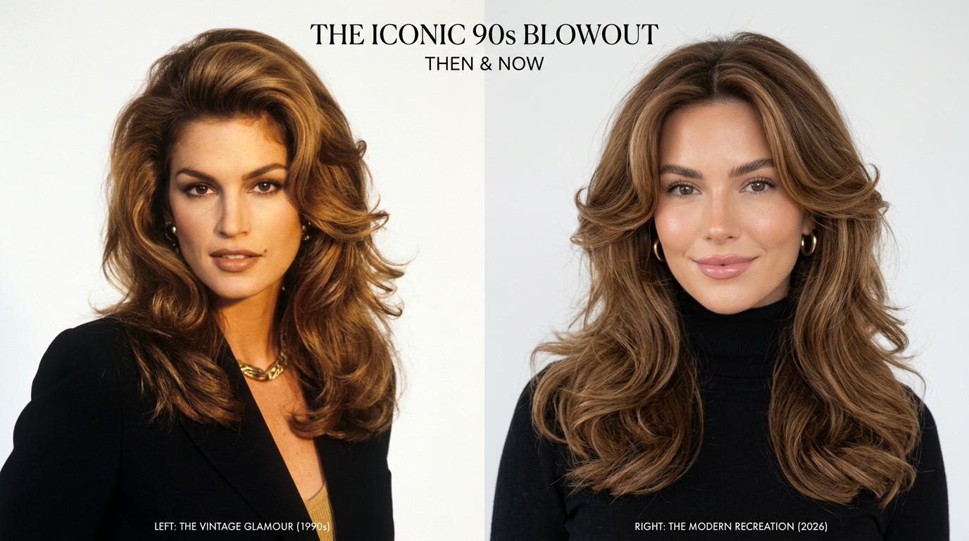 90s blowout hairstyle comparison showing a classic 90s supermodel and a modern beauty influencer, demonstrating the timeless appeal of high-volume hair