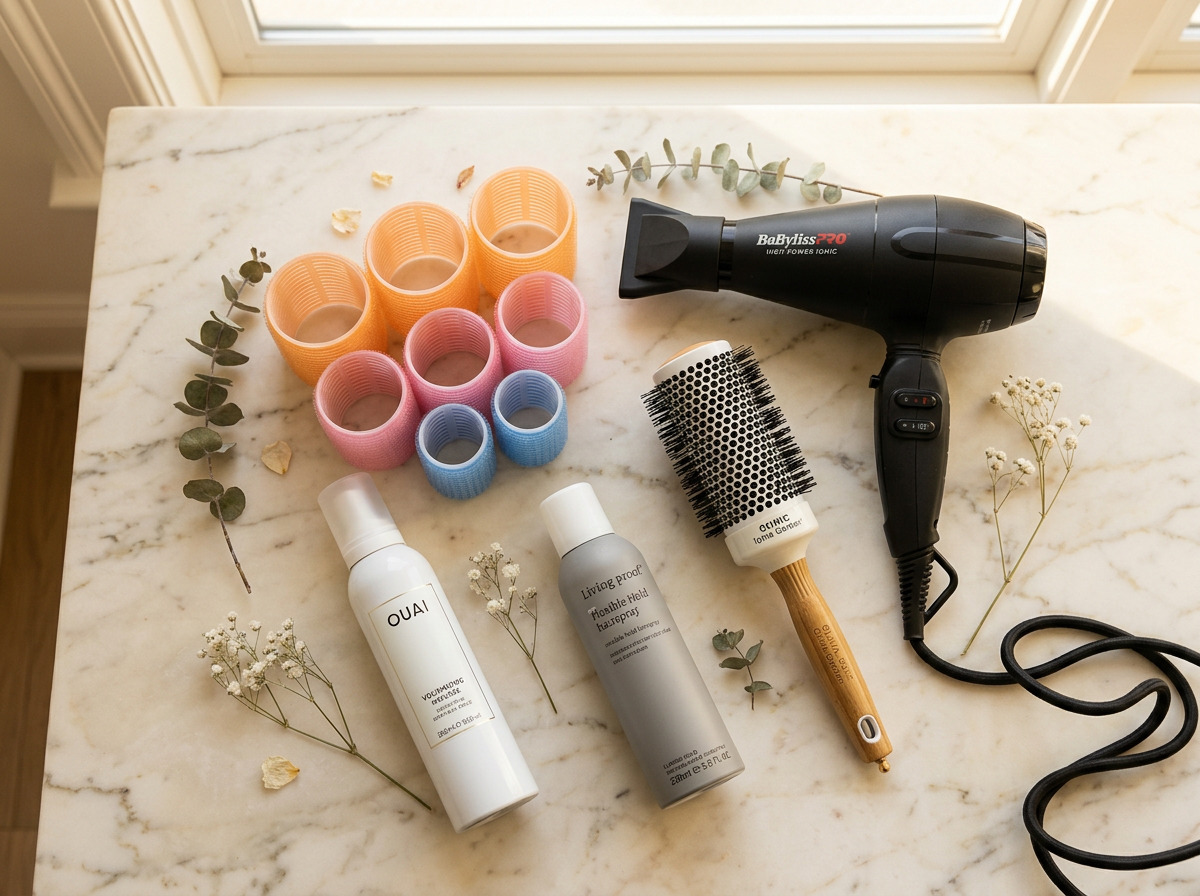 How to use velcro rollers and essential blowout toolkit including round brush, volumizing mousse, setting spray, and high-power hair dryer arranged in a flat lay