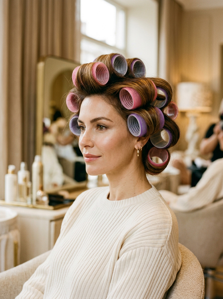 Model wearing velcro rollers for a high volume blowout, demonstrating the professional setting technique for salon-quality results