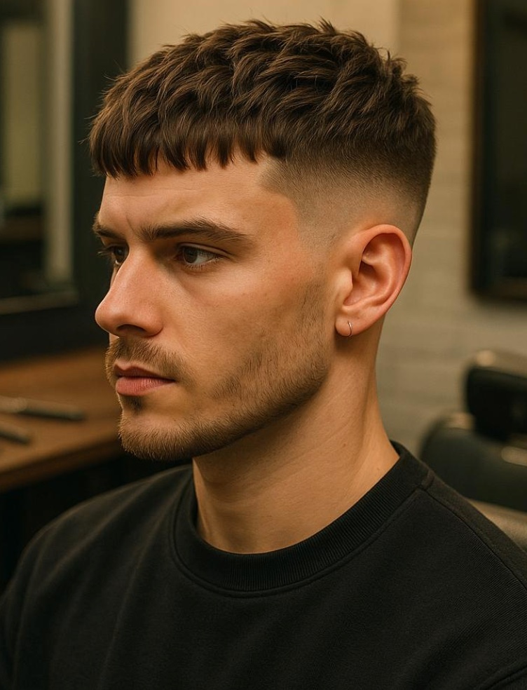 Textured crop haircut with short fringe and clean fade