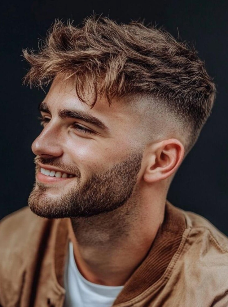 Messy textured crop haircut with volume and faded sides