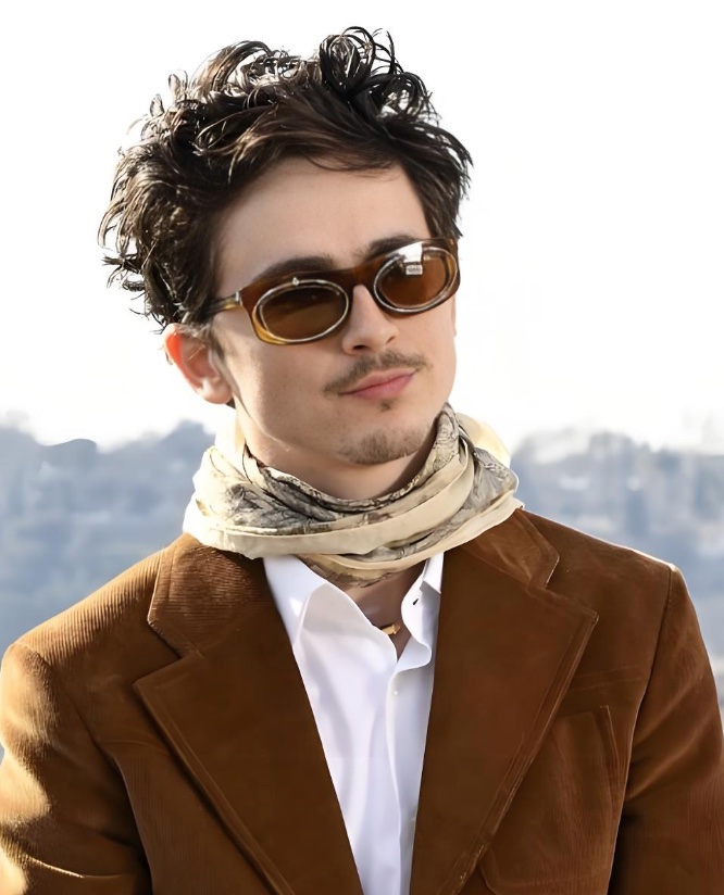 Timothee Chalamet tousled wet textured hairstyle with sunglasses