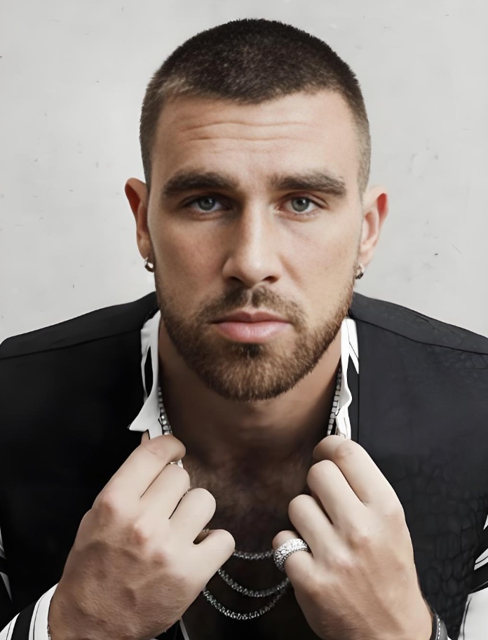 Travis Kelce buzz cut hairstyle with beard